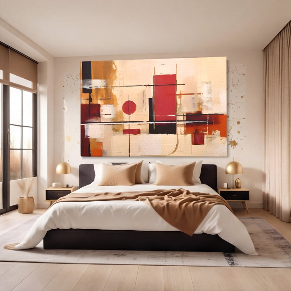 Tablou canvas cu pictura abstracta cu forme geometrice, fara rama, pe sasiu de lemn, pe perete intr-un dormitor